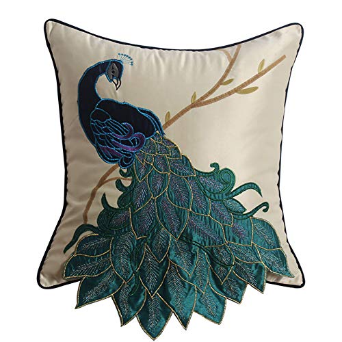 vctops Embroidered Peacock Decorative Throw Pillow Case Silky Satin Cushion Cover Peacock 1 18"X18" - color: Peacock 1, size: 18" x 18" (Pack of 1)