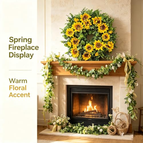 20" Sunflower Wreath, Spring Floral Wreath for Front Door Porch Decor