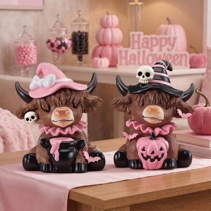 Karenhi 2 Pcs Pink Halloween Cow Figurines Resin Statues Tabletop Desk - style: Pink Ghost