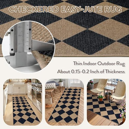 Lahome Checkered Easy Jute Outdoor Runner Rug, 2x6 Kitchen Rugs Washable - color: Nature and Black/Checkerboard -2, size: 2' x 6' (Runner)