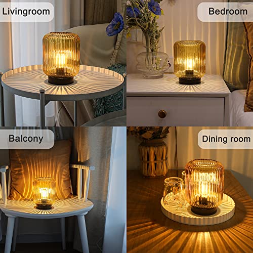 LUSHARBOR Battery Operated Lamp, Cordless Table Lamps for Home Decor, Battery Powered Nightlight with LED Bulb, Decorative Glass Beside Lamp for Bedroom Living Room-Gold - color: Ribbed-Champagne