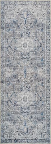 Bloom Rugs Washable Non-Slip 7 ft Runner - Blue/Gray Traditional Runner for Entryway, Hallway, Bathroom, and Kitchen - Exact Size: 2.5' x 7' - color: Blue / Gray, size: 2'6" x 7' (Runner)