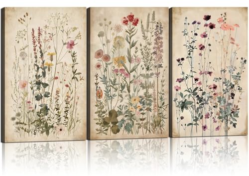 Framed Plants Wildflowers Canvas Wall Art Vintage Floral Painting Poster Pictures Gallery-Quality Prints Living Room Bedroom and Other Home Decor 12x16 inches x 3 Ready to Hang - color: Retro floral, size: 12X16 inch