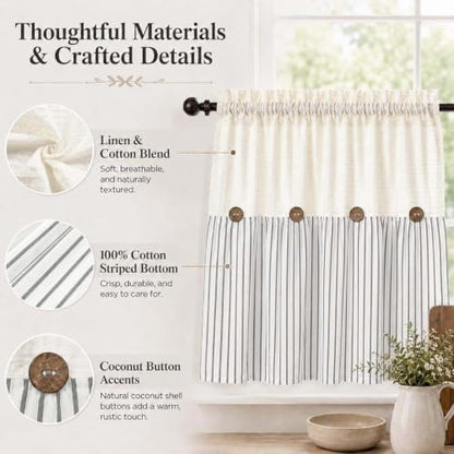 DOSLY IDÉES Spa Waffle and Gray Striped Curtains, 26" W x 24" L - color: Beige & Gray Striped, size: 26"W x 24"L (Pack of 2)