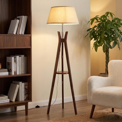 Tripod Floor Lamp with Shelves, 59'' Standing Lamp for Bedroom - color: Walnut