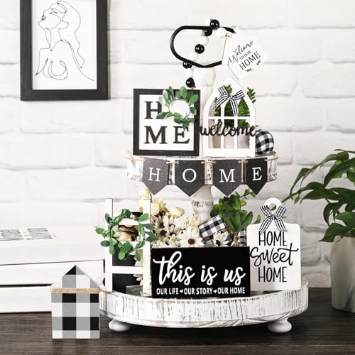 FairySandy 11 Pcs Home Tiered Tray Decor This is us Rustic Wooden Signs - style: Plaid