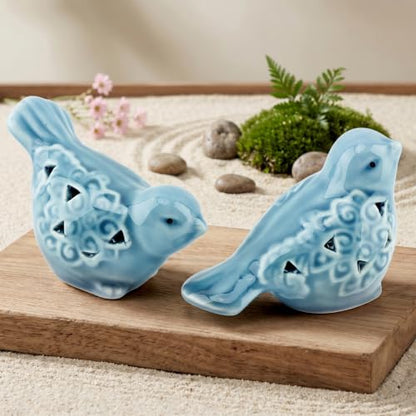 Blue Bird Figurines for Home Decor, 2 Piece Farmhouse Ceramic Bird Statue Sculpture Birds Ornaments for Entryway TV Stand Bookcase, Cute Birds Small Shelf Desk Decor (Blue)