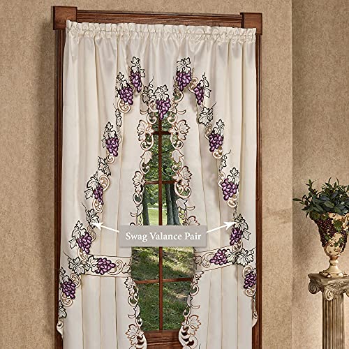 Touch of Class Cabernet Embroidered Long Swag Valance Pair - Polyester - Cream, Purple, Green - Grape Themed Table Decor for Dining Room, Kitchen, Counter, Island - Scalloped Edges