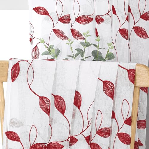 Tollpiz Burgundy Red Leaf Sheer Tier Curtain Kitchen 30 x 36 Inches - color: Burgundy Red, size: 30"W x 36"L (Pack of 2)