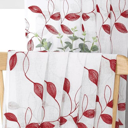 Tollpiz Burgundy Red Leaf Sheer Tier Curtains Kitchen 30 x 24 Inches - color: Burgundy Red, size: 30"W x 24"L (Pack of 2)