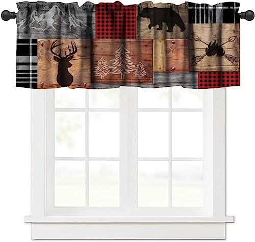 Retro Rustic Valance,Vintage Bear Deer Hunting Wildlife Blackout Curtain Valance,Black Red Plaid Check Western Country Short Window Treatments for Bedroom Living Room Kitchen,54x18in - color: Bear-5
