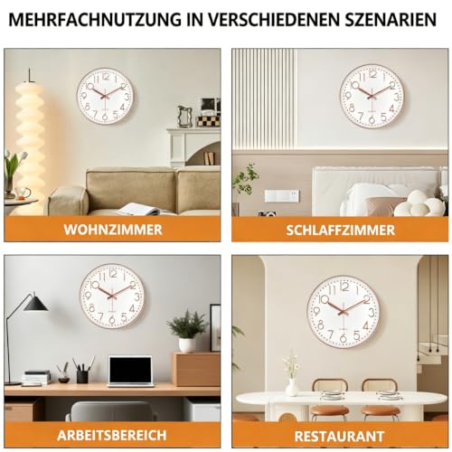 Modern Silent Wall Clock - 12 Inch Wall Clocks Battery Operated Large Number, Non-Ticking Analog Clock with Tempered Glass Quartz Clocks for Living Room Bedroom Office Kitchen, Rose Gold - color: Rose Gold, size: 12 Inch