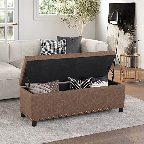 BELLEZE Storage Ottoman, Tufted Ottoman with Close Hinge, Foot Rest for Living Room (Rustic Brown, 47 inch) - color: Rustic Brown