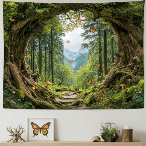 AMM Green Nature Forest Tapestry 48x36 Inch | Tree Mountain Small Tapestry Wall Hanging, Jungle Butterfly Mushroom Landscape Wall Art, Ideal for Bedroom Dorm Living Room - color: Green Treehole, size: 48"L x 36"W