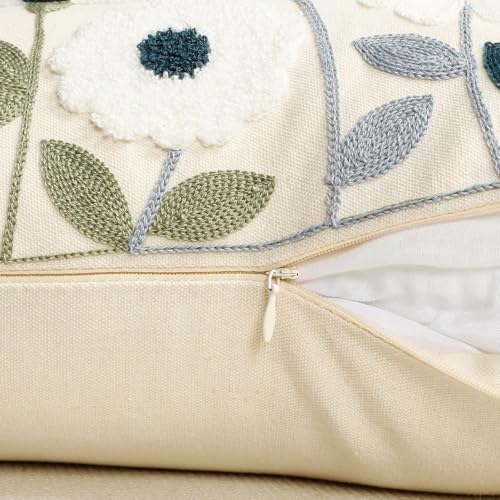 Embroidered Spring Lumbar Pillow Covers 20x12 Inch Set of 2 - Summer Floral Boho Farmhouse Decorative Pillows for Living Room Couch Sofa Bed Cushion Pillowcase (2, Blue and Orange, 20 x 12)