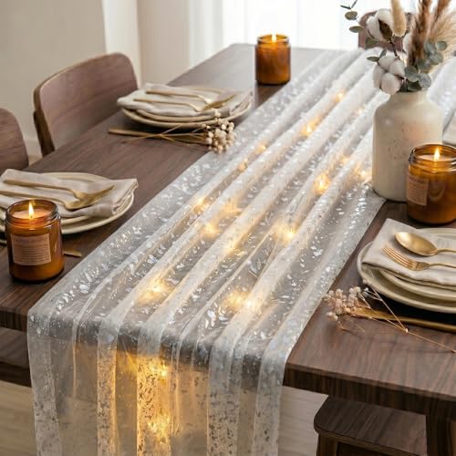 Artscope 3Pcs Lighted White Silver Gauze Table Runner,Glitter and Foil Table Decor for Weddings Anniversary Birthday and Holiday Party Decorations – 28" x 120" - color: White Silver Pack of 3