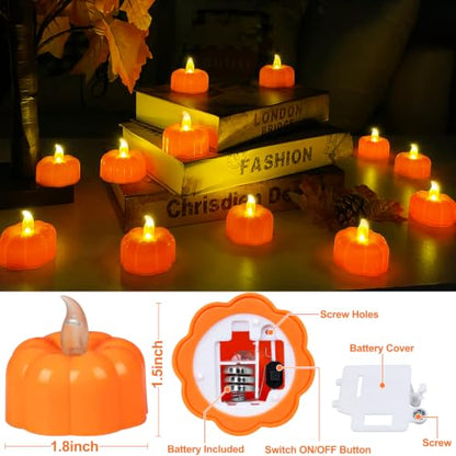 12 Pack Halloween Decorations Pumpkin Tea Lights Candles Battery Operated