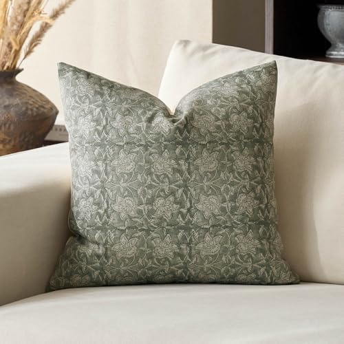 DOMVITUS Floral Pillow Covers 20x20 Throw Pillow Covers Block Print Vintage Decorative Neutral Pillow Cover for Couch Bed Living Room Dusty Green 1PC - color: Dusty Green, size: 20" x 20" (Pack of 1)