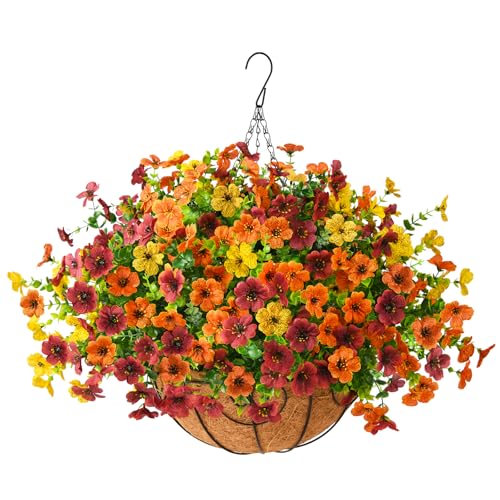 Artificial Fall Hanging Flowers Basket, UV Resistant Mums for Outdoors - color: Orange Brown Yellow