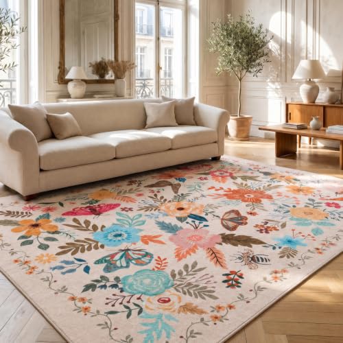 ThreadGlobe Patterned Washable 5x7 Area Rugs Modern for Living Room, Beige - color: Beige Flower, size: 5' x 7'