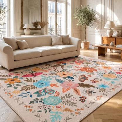 ThreadGlobe Patterned Washable 6x9 Area Rugs Modern for Living Room, Beige - color: Beige Flower, size: 6' x 9'