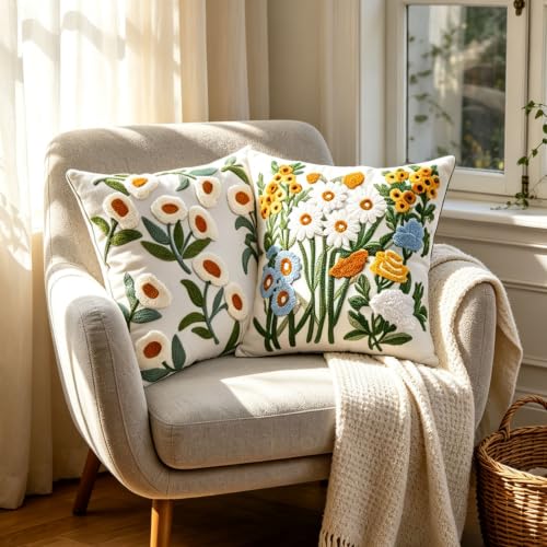 Green Daisy Floral Embroidered Spring Throw Pillow Cover 18"x18" Set of 2 - color: Floral Green