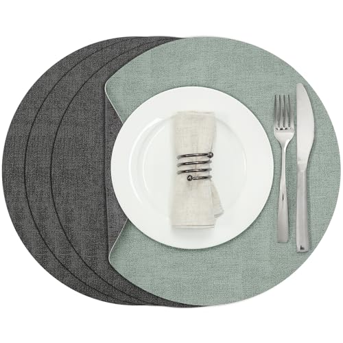 Myir JUN 14" Round Placemats Set of 4, Reversible Dual-Color Place Mats - color: Gray Sage Green