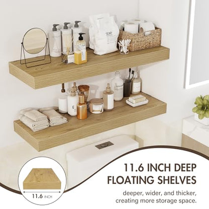 Acovy 36 Inch Floating Shelves, 12" Deep Floating Shelf Wall Mounted, 36" Wall Shelves, Rustic Deep Bookshelf, Extra Deeper & Thicker Display Shelves for Bedroom, Living Room, Oak, Set of 2 - color: Oak, size: 12"Wx36"L-2pcs