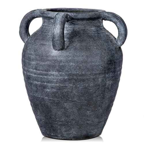 Handmade Flower Vase, 9.8" Tall Terracotta Vase, Vintage Ceramic vase, Rustic Antique Decor with 4 Handles, Wide Mouth, Matte Finish for Home Office Resto Café Décor - color: Lightslategray With Handles 9.8"