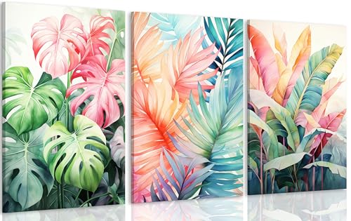 Uofnvrji 3pcs Framed Tropical Botanical Monstera Leaves Canvas Wall Art - color: Colorful, size: 12x16 Inch Framed