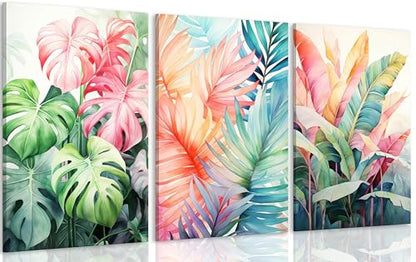 Uofnvrji 3pcs Framed Tropical Botanical Monstera Leaves Canvas Wall Art - color: Colorful, size: 12x16 Inch Framed