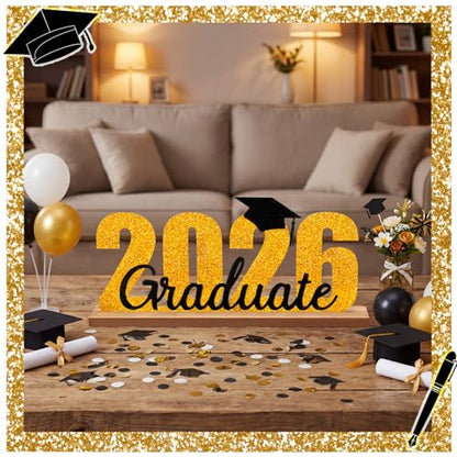 MiniInflat Graduation Table Decoration Graduate Metal Sign Class of 2026 Tiered Tray Decor Rustic Graduation Tabletop Centerpiece Bachelor Hat Decor with Wooden Base for Graduate Party Supplies Shelf - style: Graduate