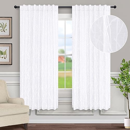Modern Tree Branch Curtains 63 Inch Length for Kitchen 2 Panel Set Back Tab Pocket Opaque Semi Privacy Embroidery Embossed Jacquard Linen Lace Cotton Textured White Light Filtering Curtain for Bedroom - color: White, size: 52"W x 63"L (Pack of 2)