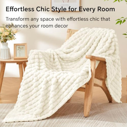 BEDELITE 3D Checked Cream Fleece Throw Blanket for Couch, 50x60 Inches - color: Cream White, size: Throw(50"x60")