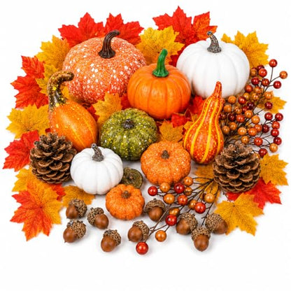 120-Piece Fall Harvest Decor Set with Artificial Mini Pumpkins and Gourds