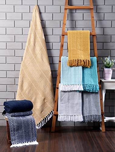 Woven Throw Blanket - Cotton - Rustic Ottoman, Batik Chair - Striped with Fringe - Picnic 50'' x 60'' - Set of Two (Grey) - color: Grey