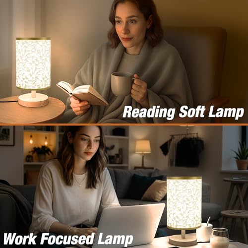 Desk Lamp LED Bulb Included, Small Bedside Table Lamp Plug-in - Classic Wood Base with Flaxen Fabric Shade, Lamps for Night Stands, Simple Nightstand Light for Bedroom, Office, Desk - color: Rose Gold