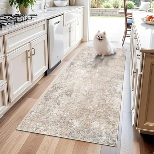 2x6ft Non-Slip Washable Kitchen Rug - Modern Carpet Runner for Hallway,Bedroom Bedside,Laundry Room,Entryway with Rubber Backing – Abstract Neutral Low-Pile Thin (Beige Grey,2x6) - color: Beige Grey, size: 2' x 6' (Rectangular)