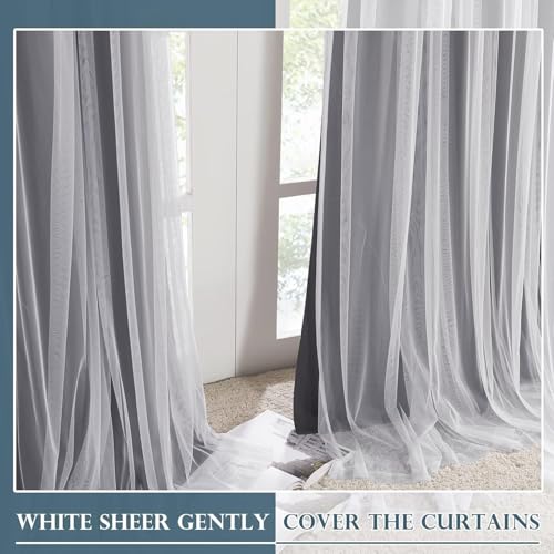 Dark Grey Blackout Curtains with White Sheer Overlay for Girls Bedroom/Drom - color: Grey, size: 52"W x 63"L (Pack of 2)