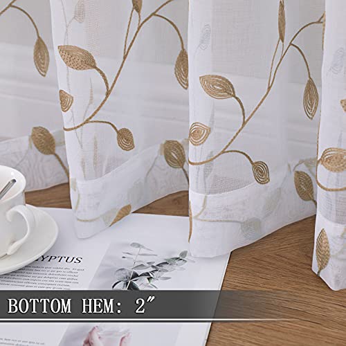 Tollpiz Leaves Sheer Tier Curtain Taupe Leaf Embroidery Kitchen Half Curtains Rod Pocket Voile Faux Linen Embroidered Leaves Curtain for Bathroom, 30 x 36 inches Long, Set of 2 Panels - color: Taupe, size: 30"W x 36"L (Pack of 2)