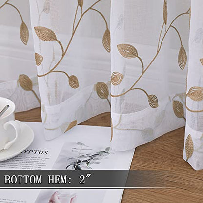 Tollpiz Leaves Sheer Tier Curtain Taupe Leaf Embroidery Kitchen Half Curtains Rod Pocket Voile Faux Linen Embroidered Leaves Curtain for Bathroom, 30 x 36 inches Long, Set of 2 Panels - color: Taupe, size: 30"W x 36"L (Pack of 2)