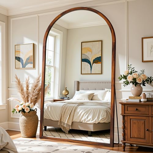 Full Length Mirror 82"×44" Floor Mirror Standing Tall Mirror, Arched Stand up Large Wall Mirrors, Freestanding Full Body Mirrors for Bedroom Living Room Wood Antique Style Walnut - color: Walnut, size: 82"L x 44"W, style: Antique
