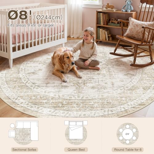 8ft Round Rugs for Living Room: 8x8 Washable Neutral Beige Area Rug - color: Beige, size: 8' (Round)