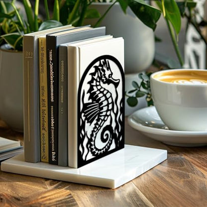 Peacoblue 5.3"x4.3"x7.9" Metal Bookends, Heavy Duty Book Ends for Shelves - style: Seahorse