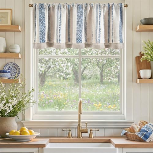 jinchan Liora Linen Valance 18 Inch Modern Boho 1 Panel Blue on Linen - color: Liora | Blue on Linen, size: 50"W x 18"L (Pack of 1)