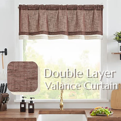 jinchan Kitchen Valance Curtain Double Layers, 50x16, 1 Panel, Brown - color: Double Layer | Brown, size: 50"W x 16"L (Pack of 1)