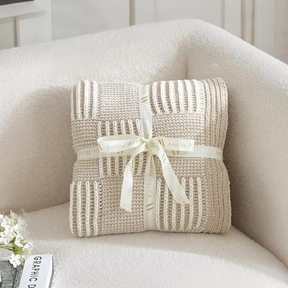 Amélie Home Checkered Chenille Knit Throw Blanket for Couch, Beige 50"x60" - color: Checkered Beige, size: 50" X 60"