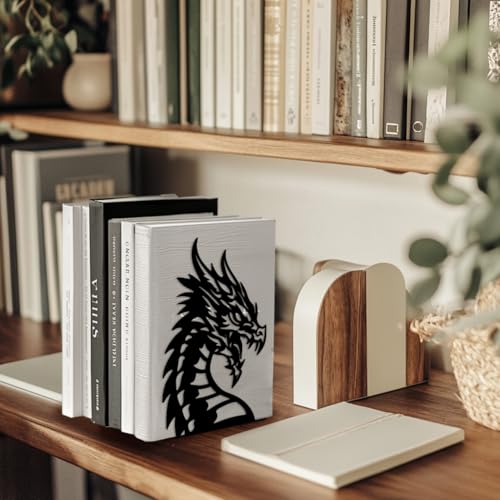 Peacoblue 5.3"x4.3"x7.9" Metal Bookends, Heavy Duty Book Ends for Shelves - style: Dragon Head