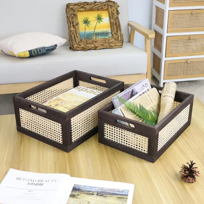 Rattan Wooden Storage Basket with Handle, Brown Set of 2 - color: Brown, size: Large & Small (Set of 2)