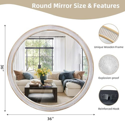 36 Inch Large Round Wood Mirror, Farmhouse Bathroom Mirrors for Wall - color: B - 36 in